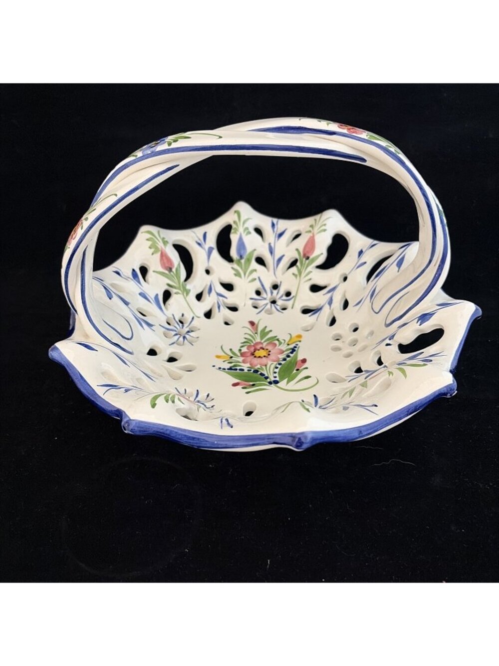 Vintage RCCL Portugal Reticulated Floral Basket Hand Painted Centerpiece 10"